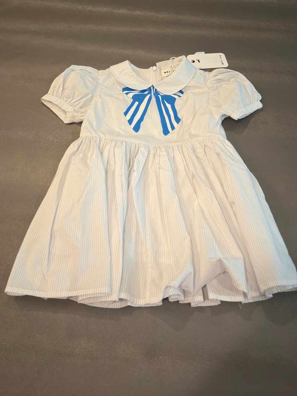 Morley Cream-White Dress with Blue Bow Print. Size 4